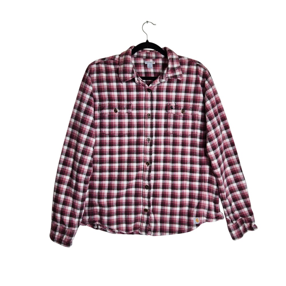 Carhartt Womens XL Pink Plaid Flannel Button Down Shirt 100714-657 Long Sleeve